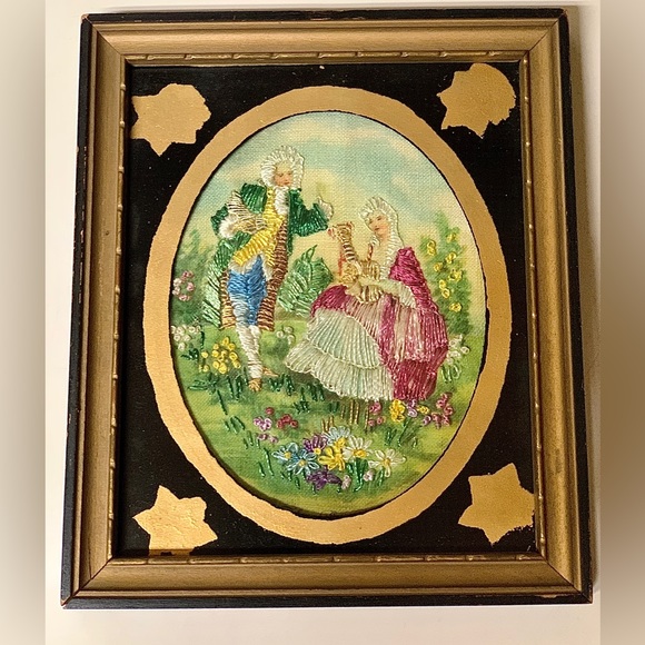 1830s Vintage Embellished Framed Silk Embroidered Man & Woman Portrait - Picture 1 of 10